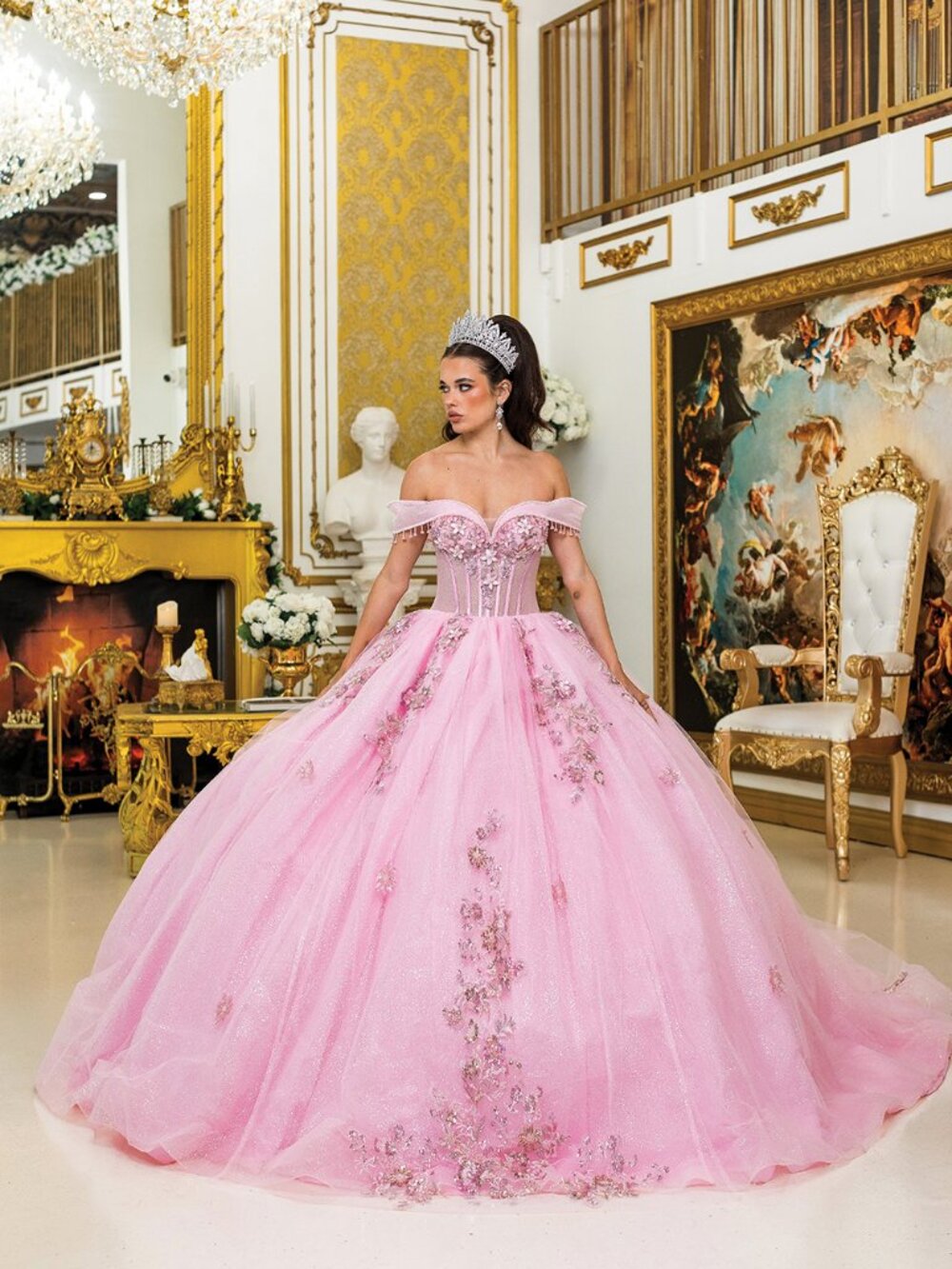 NEW PINK Tulle & Glitter Off Shoulder Quinceanera Ball Gown 5001